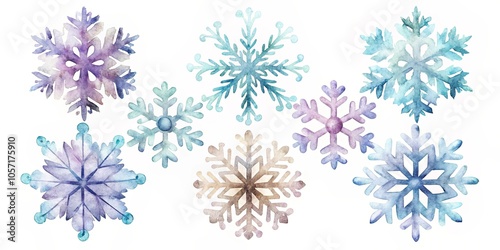 A collection of intricate watercolor snowflakes in a variety of shades of blue, purple, and brown, showcasing the beauty of winter's delicate crystals.