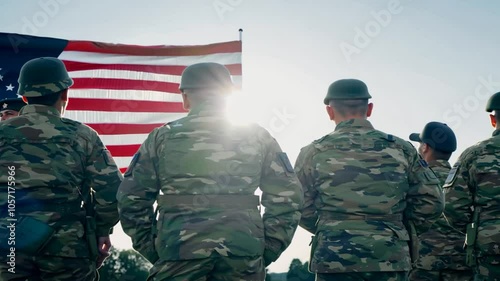 military patriotic posing Group flag Perfect front American themes soldiers soldier army patriotism uniform man standing pride national service duty honour respect star stripes video