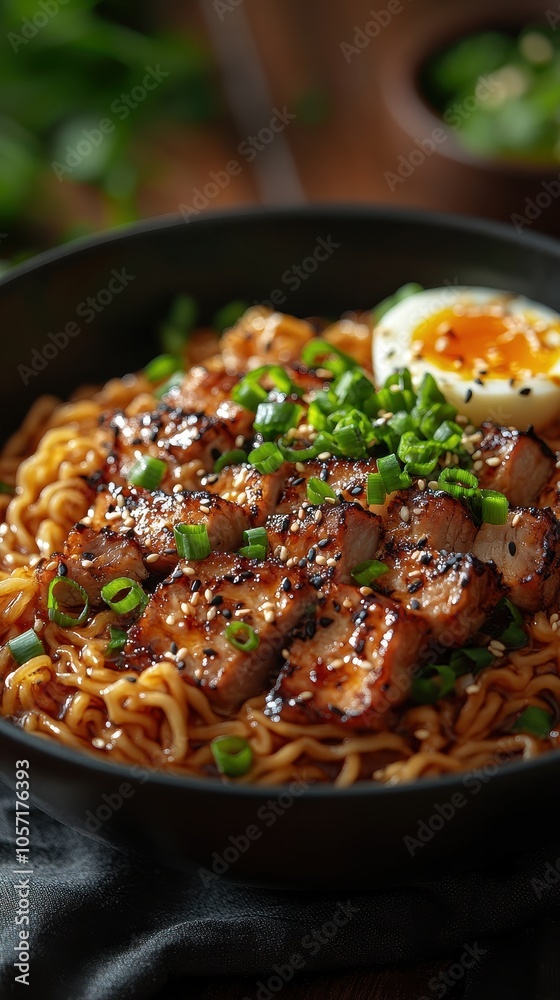 Spicy ramen bowl featuring tender noodles, savory pork, creamy soft-boiled egg, topped with green onions and sesame seeds Spicy ramen bowl featuring tender noodles, savory pork, creamy soft-boiled egg, topped with green onions and sesame seeds