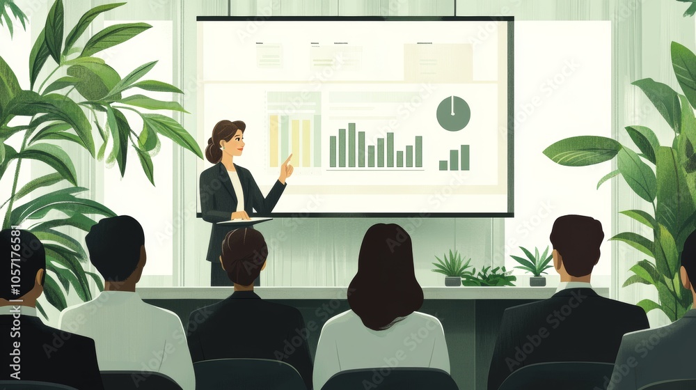 Vector illustration of a business presentation: A speaker discusses data insights to an audience in a calm, minimalist office space accented by soft pastel hues
Vector illustration of a business presentation: A speaker discusses data insights to an audience in a calm, minimalist office space accented by soft pastel hues
