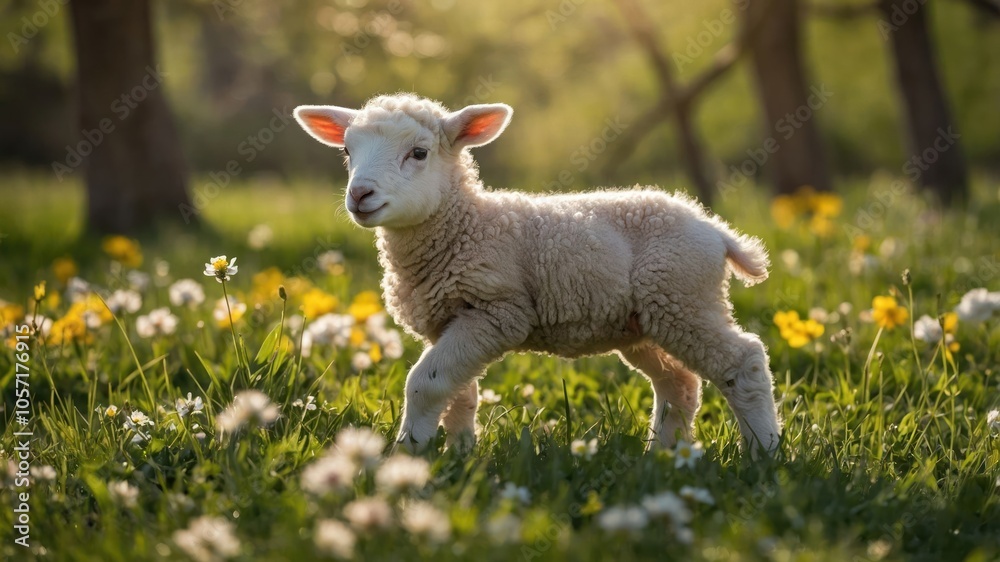A playful lamb frolics in a sunlit meadow filled with flowers. A playful lamb frolics in a sunlit meadow filled with flowers.