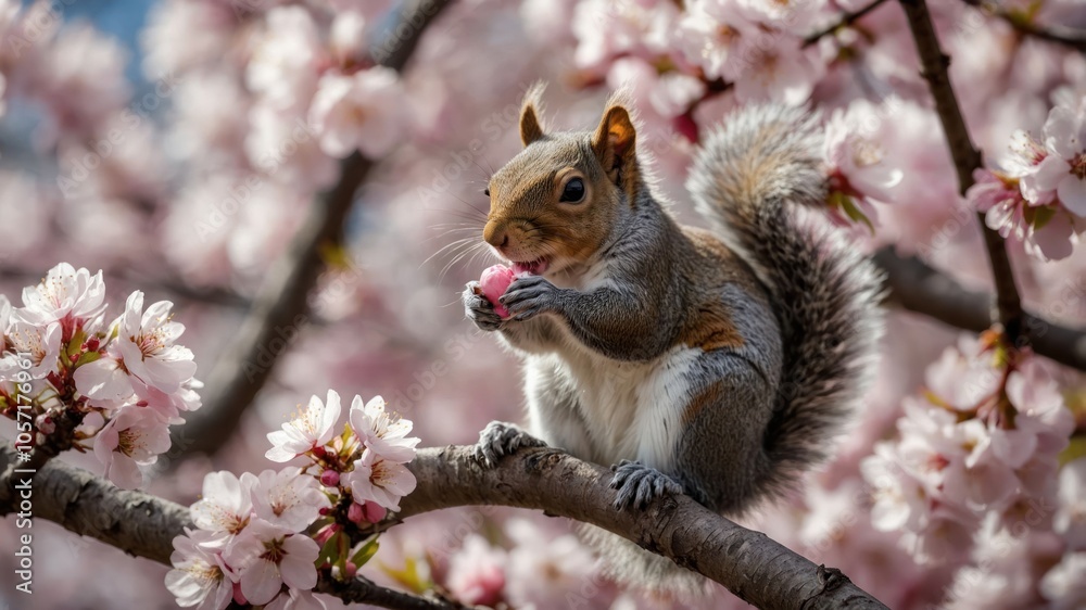 A squirrel eating a flower petal among blooming cherry blossoms. A squirrel eating a flower petal among blooming cherry blossoms.