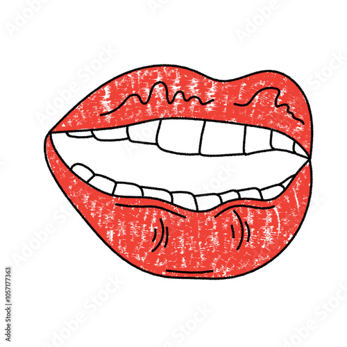 Brush drawn seductive red female lips. Romantic print for valentines day. Elegant minimal line stroke style. Vector chalk graphic element