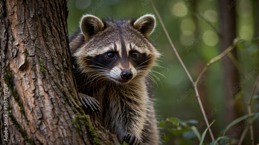 A raccoon perched on a tree, surrounded by a lush forest backdrop. A raccoon perched on a tree, surrounded by a lush forest backdrop.
