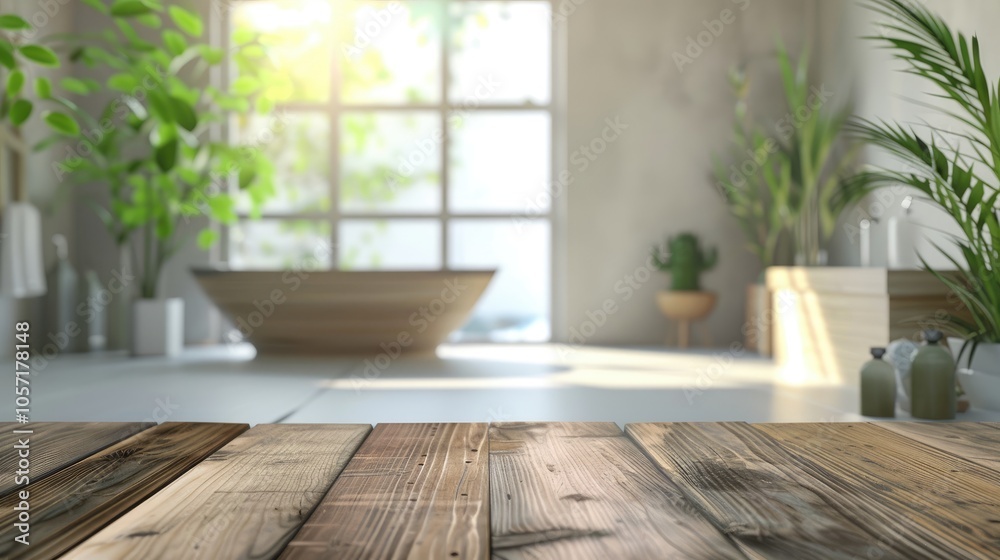 Blurred bathroom interior background with wooden table top for product showcase Blurred bathroom interior background with wooden table top for product showcase