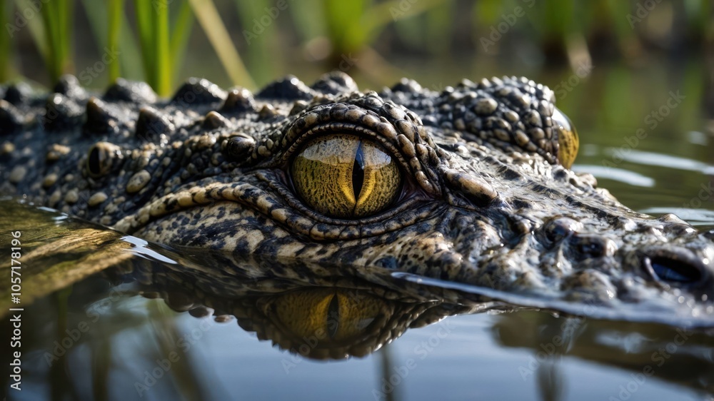A close-up of a crocodile's eye partially submerged in water, showcasing its textured skin. A close-up of a crocodile's eye partially submerged in water, showcasing its textured skin.