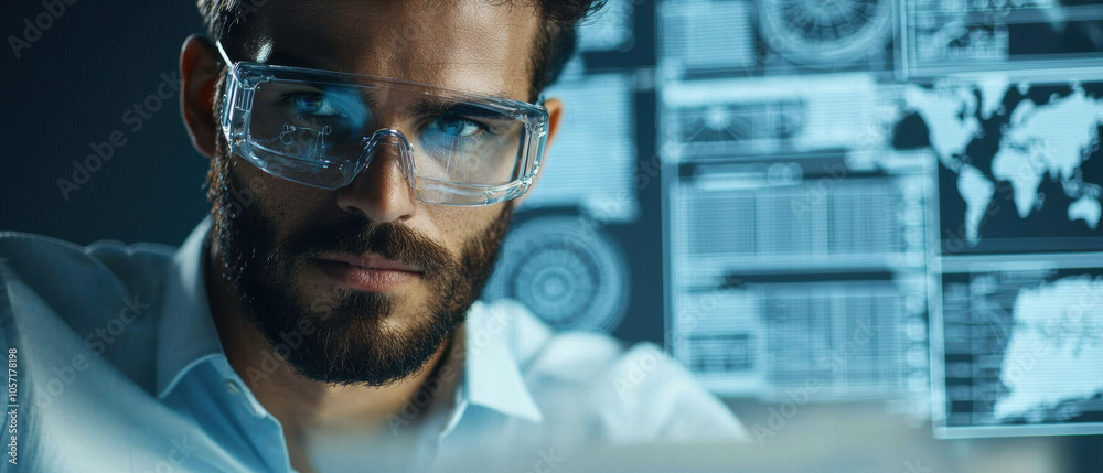 A focused man wearing glasses analyzes data on screens in a dimly lit room, highlighting a blend of technology and concentration. A focused man wearing glasses analyzes data on screens in a dimly lit room, highlighting a blend of technology and concentration.