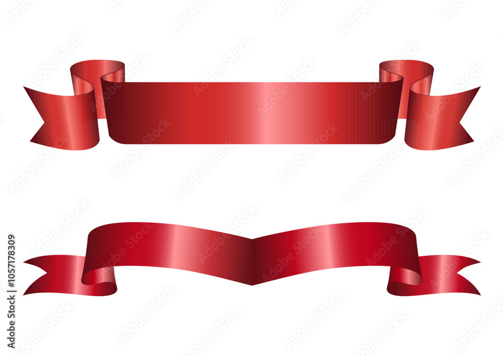 Set of two decorative red ribbon banners isolated on white. Vector red ribbons. Ribbon banner set. Red ribbons. For the award, graduate. Blank retro flag, tape for text, price tag, sale label. Set of two decorative red ribbon banners isolated on white. Vector red ribbons. Ribbon banner set. Red ribbons. For the award, graduate. Blank retro flag, tape for text, price tag, sale label.