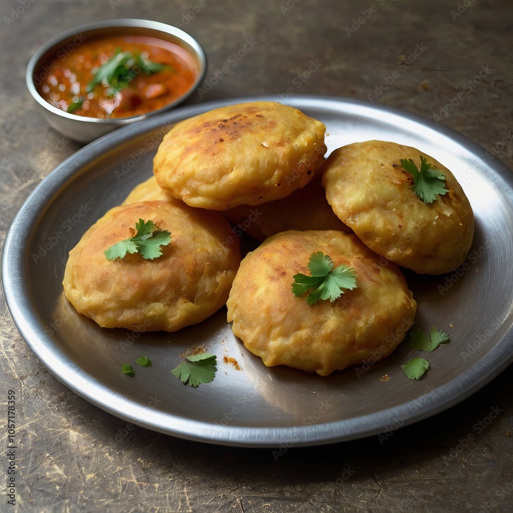 Fototapeta premium bedmi puris, slightly crispy and stuffed with spices, served with spicy aloo sabzi, garnished with coriander leaves and served on a metal plate.