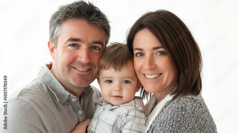 A happy family of three, with the parents holding their child, standing in a studio against a bright white background, A happy family of three, with the parents holding their child, standing in a studio against a bright white background,