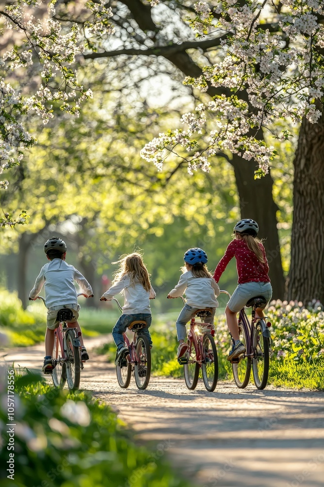 Fototapeta premium A family of four riding bicycles together in a green park, with trees and flowers in full bloom,