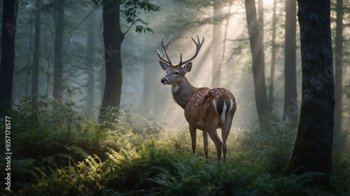 A serene deer stands in a misty forest, illuminated by soft rays of light.