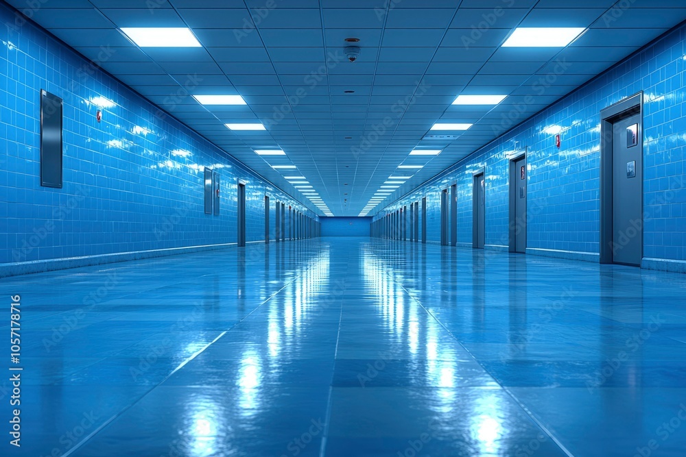 A long, empty, blue-tiled hallway with doors and bright lights reflecting on the floor. A long, empty, blue-tiled hallway with doors and bright lights reflecting on the floor.