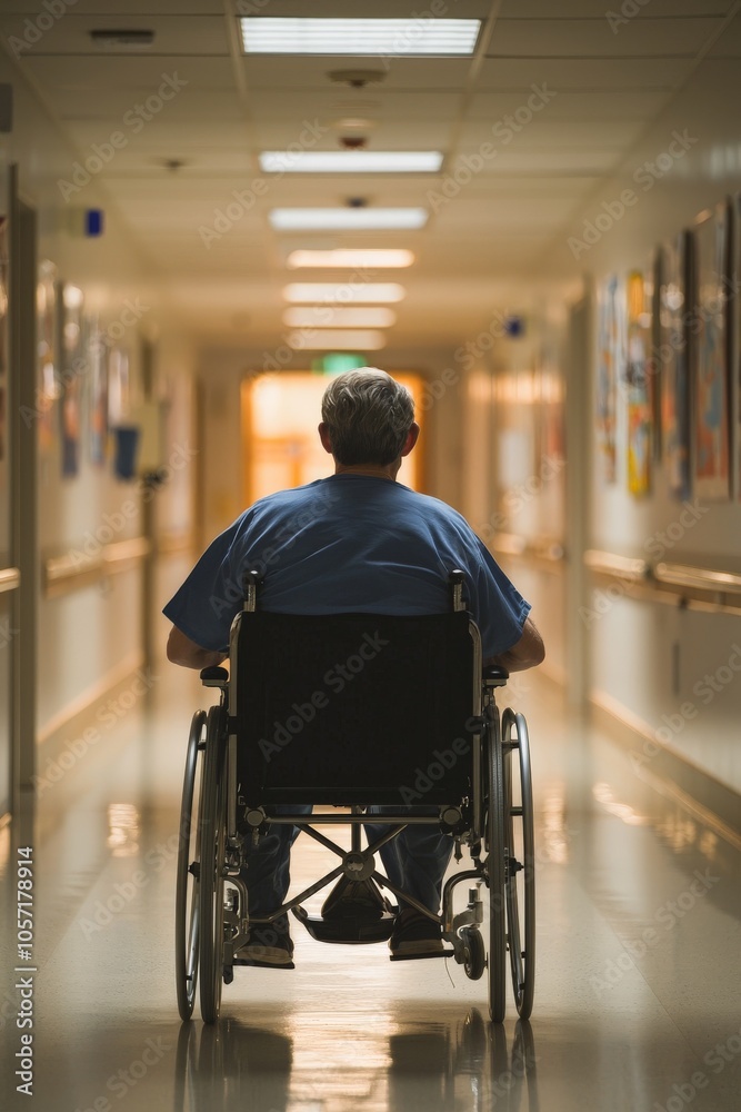 Patients view from a wheelchair as a nurse pushes them through a brightly lit hospital hallway, with walls lined with medical posters and equipment, capturing the journey through the facility Patients view from a wheelchair as a nurse pushes them through a brightly lit hospital hallway, with walls lined with medical posters and equipment, capturing the journey through the facility