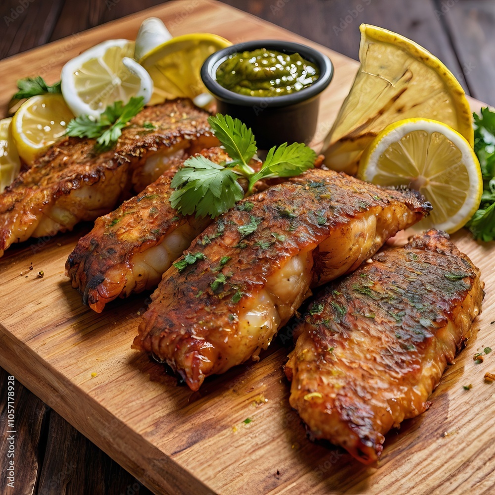 golden fish fillets marinated with Indian spices, served with sliced onions, lemon wedges, mint chutney, and tandoori roti on a wooden board. golden fish fillets marinated with Indian spices, served with sliced onions, lemon wedges, mint chutney, and tandoori roti on a wooden board.