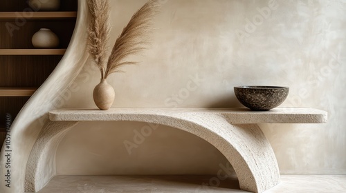 Minimalist Living Space: Travertine Console Table, Curved Lime-Washed Wall, Ceramic Vessel with Pampas Grass, Built-in Oak Shelving, Soft Diffused Lighting. Premium Interior Photography. photo