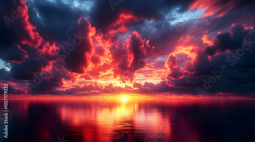 Fiery Sunset Over the Ocean - Dramatic Sky with Reflected Light