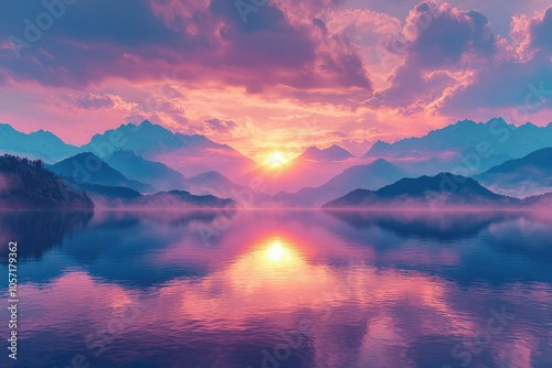 Serene Sunset Over Mountain Lake With Fog