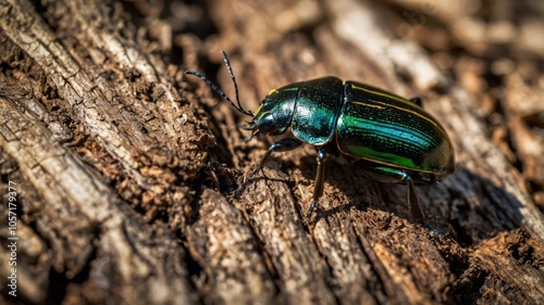 A close-up of a vibrant green beetle on textured wood.