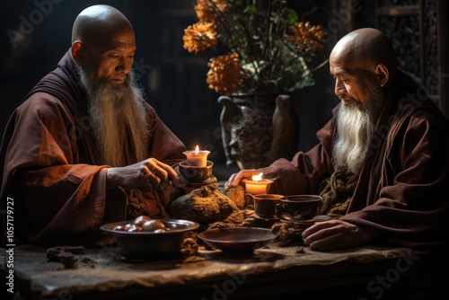 Two monks engage in a serene ritual, surrounded by candles and a tranquil atmosphere.