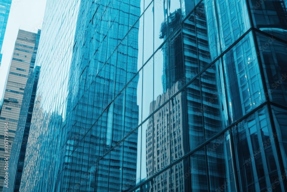 Fototapeta premium A close-up of the glass facade of an office building with reflections on it, skyscrapers in blue tones in the background