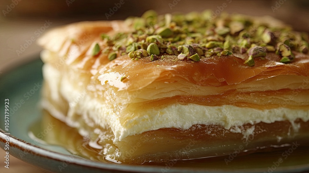 A close-up of kunefe with a perfect balance of crispy, cheesy, and pistachio-topped layers, with syrup running down the sides. A close-up of kunefe with a perfect balance of crispy, cheesy, and pistachio-topped layers, with syrup running down the sides.