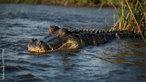 A close-up of an alligator swimming in a natural habitat.