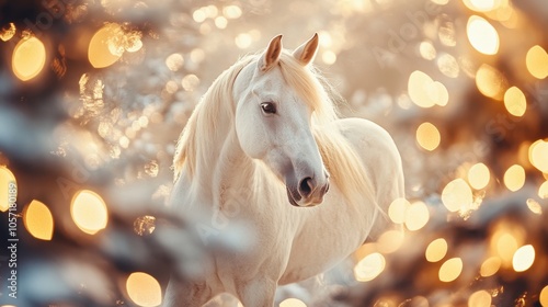 White horse posing in christmas lights bokeh background