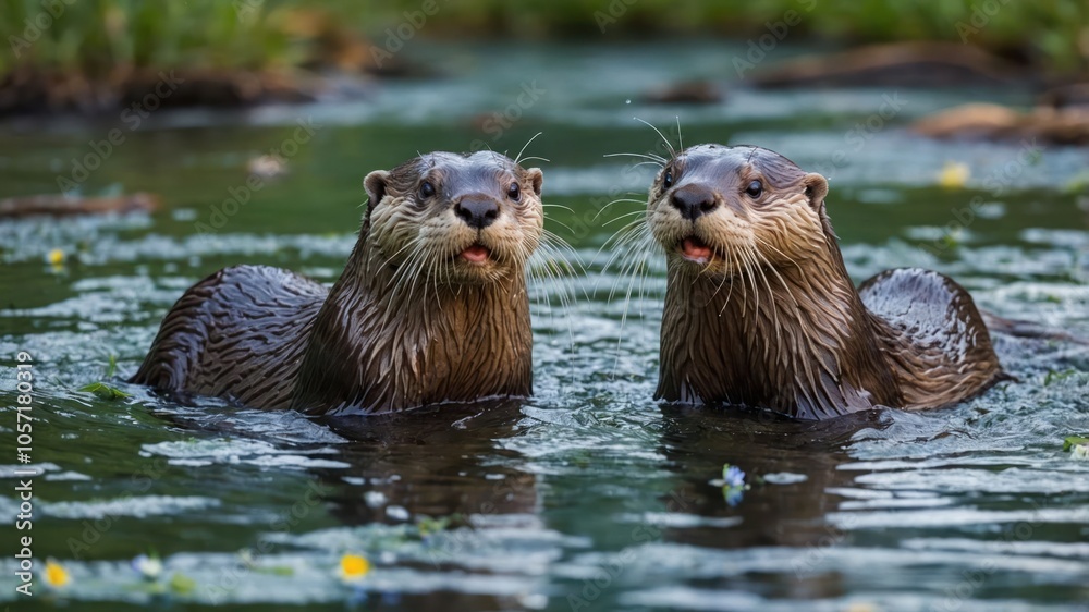 Two playful otters swimming in a serene, natural setting. Two playful otters swimming in a serene, natural setting.