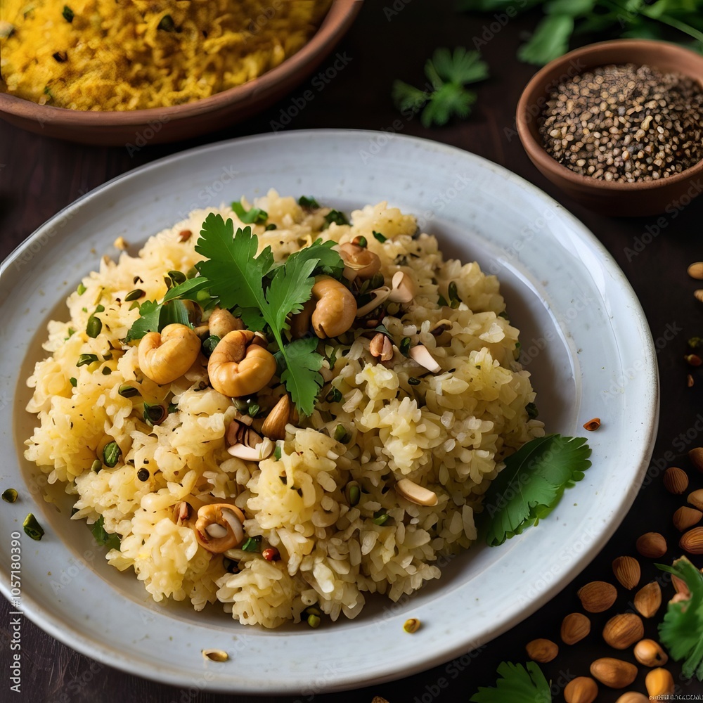 upma, sprinkled with roasted cashews, curry leaves, and mustard seeds, garnished with fresh coriander, served on a small plate. upma, sprinkled with roasted cashews, curry leaves, and mustard seeds, garnished with fresh coriander, served on a small plate.