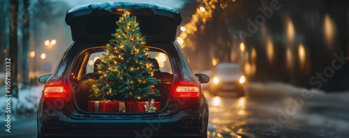 Car trunk with christmas tree and gifts on snowy evening street