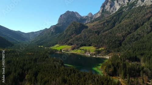 Hintersee bei Ramsau Luftaufnahme im Herbst in Deutschland, Bayern. Ramsauer Ache fruher Ferchensee oder Forchensee grosser See in der Gemeinde Ramsau im Berchtesgadener Land in Germany, Bavaria.  photo