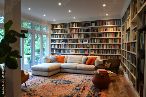 a large bookshelf on the entire wall filled with various books photo