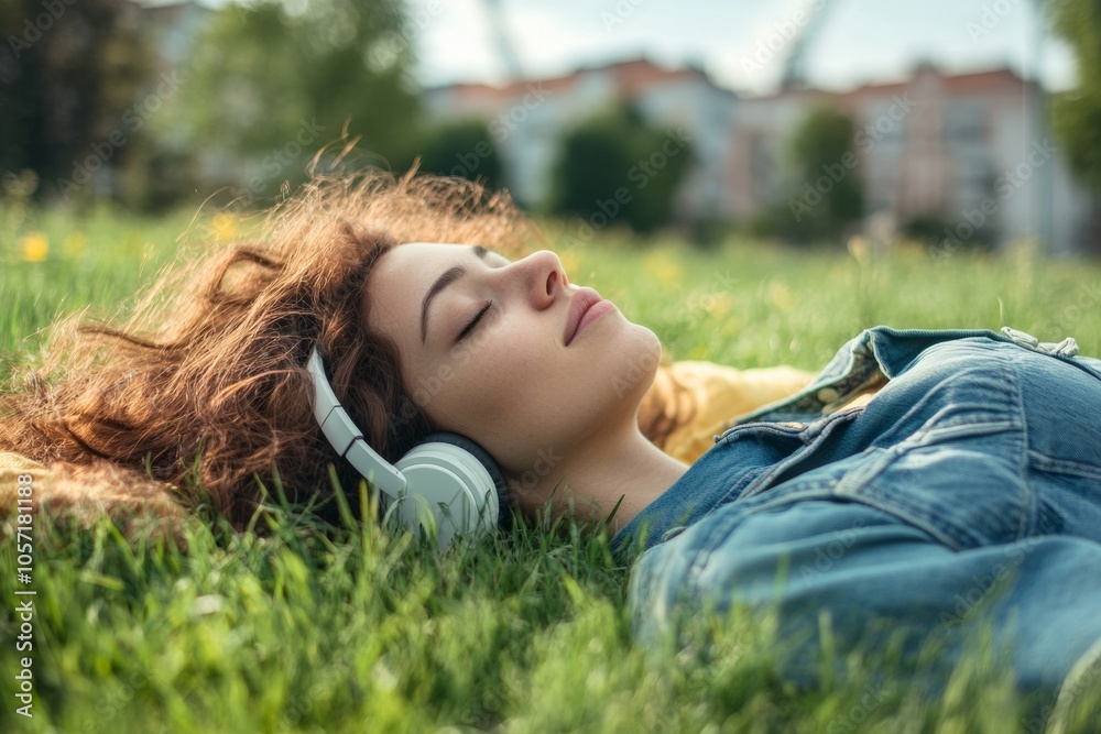 A woman with curly hair lies back on the grass, enjoying music through headphones. It is a warm, sunny day, and she appears completely relaxed A woman with curly hair lies back on the grass, enjoying music through headphones. It is a warm, sunny day, and she appears completely relaxed