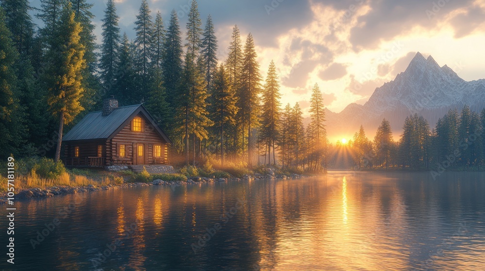 Serene lakeside cabin at sunset surrounded by mountains and trees. Serene lakeside cabin at sunset surrounded by mountains and trees.