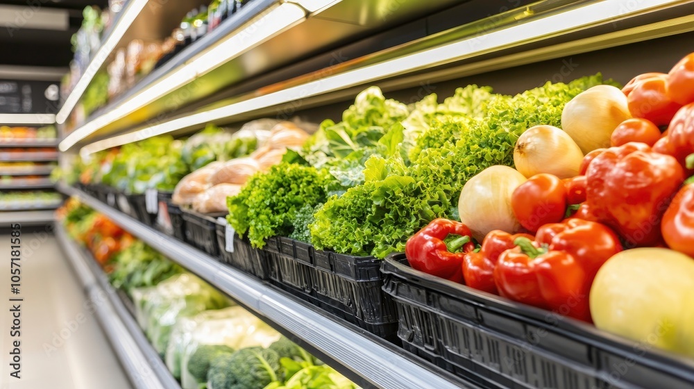 Vibrant vertical farming display with fresh greens and illuminated shelves inside a grocery store Vibrant vertical farming display with fresh greens and illuminated shelves inside a grocery store