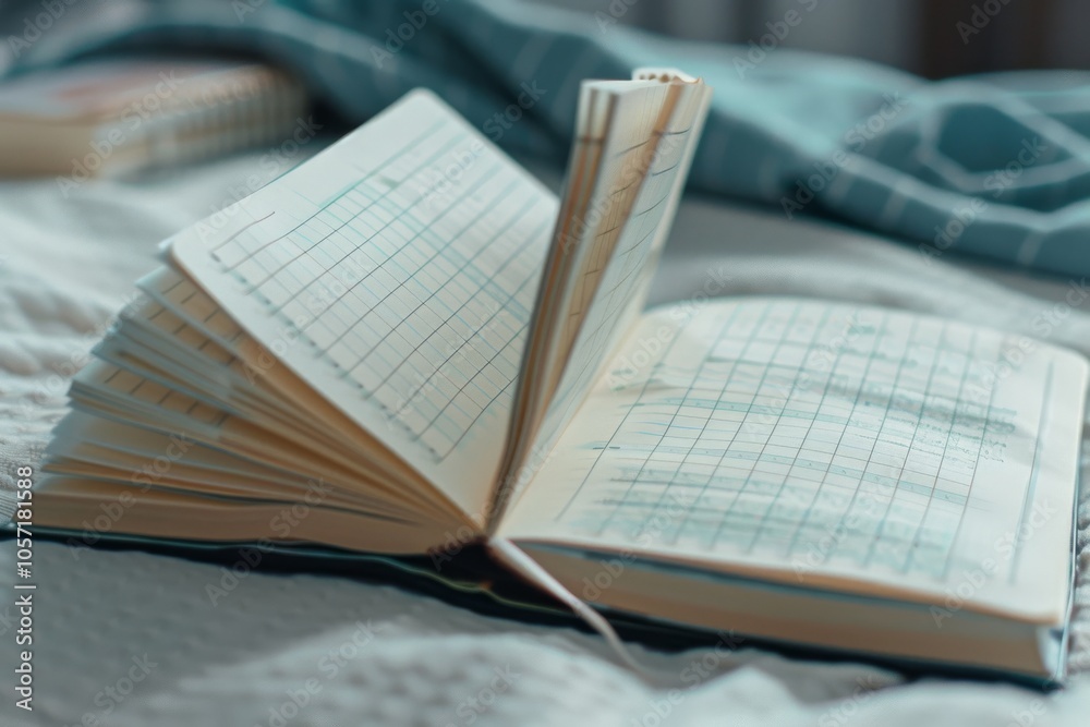 Obraz premium Comfortably nestled in blankets, an open book lies on the bed; a soft invitation to relax and explore stories within a gentle, restful space.