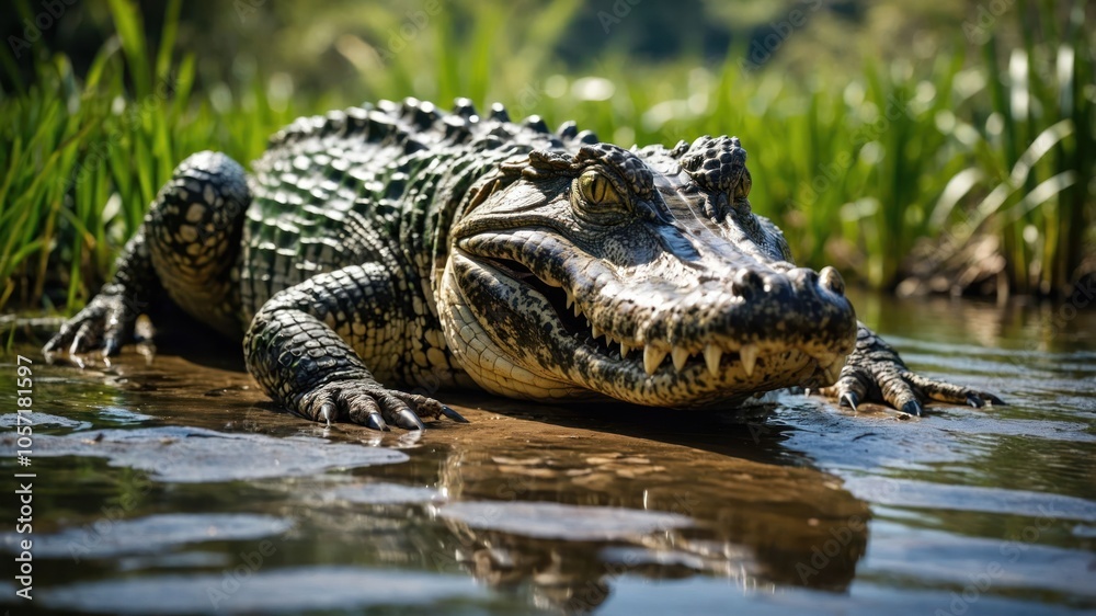 A close-up of a crocodile resting on the bank of a river, showcasing its textured skin. A close-up of a crocodile resting on the bank of a river, showcasing its textured skin.