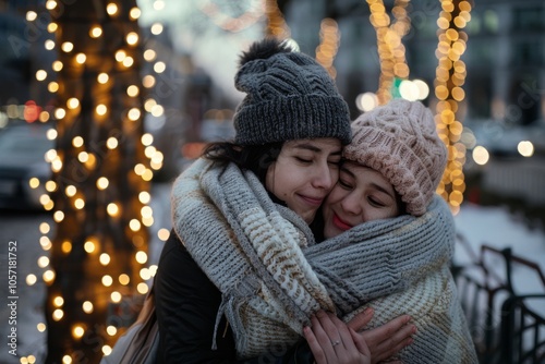 Wrapped in thick scarves and winter hats, two figures embrace tenderly underlit trees adorned with sparkling lights in a snowy cityscape. photo