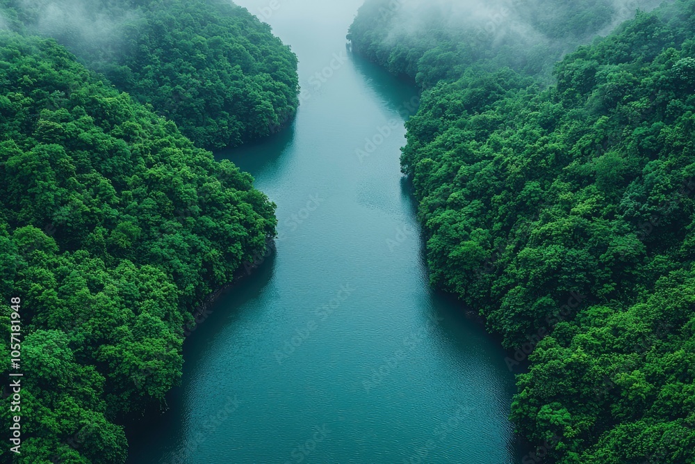 An Aerial View of a River Winding Through a Lush, Foggy Forest An Aerial View of a River Winding Through a Lush, Foggy Forest