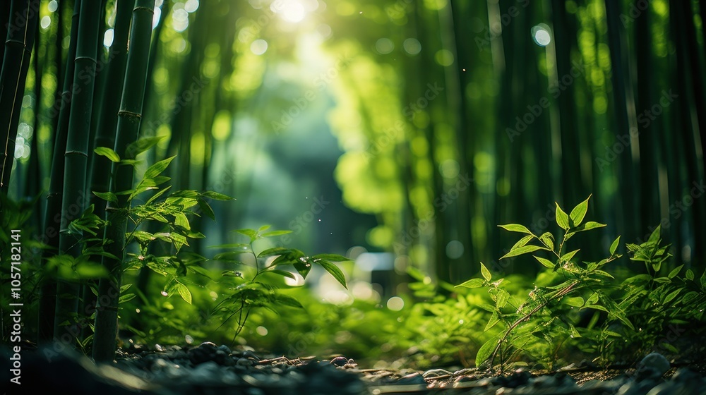 A serene bamboo forest with lush greenery and soft sunlight filtering through the trees. A serene bamboo forest with lush greenery and soft sunlight filtering through the trees.