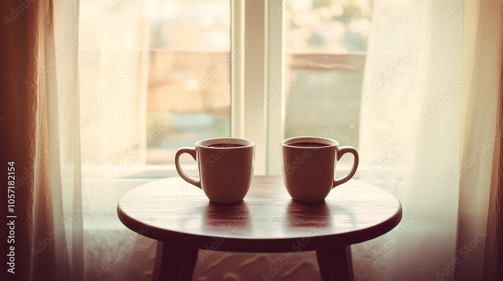 Minimalist coffee cups on round table with soft window light and curtains Minimalist coffee cups on round table with soft window light and curtains