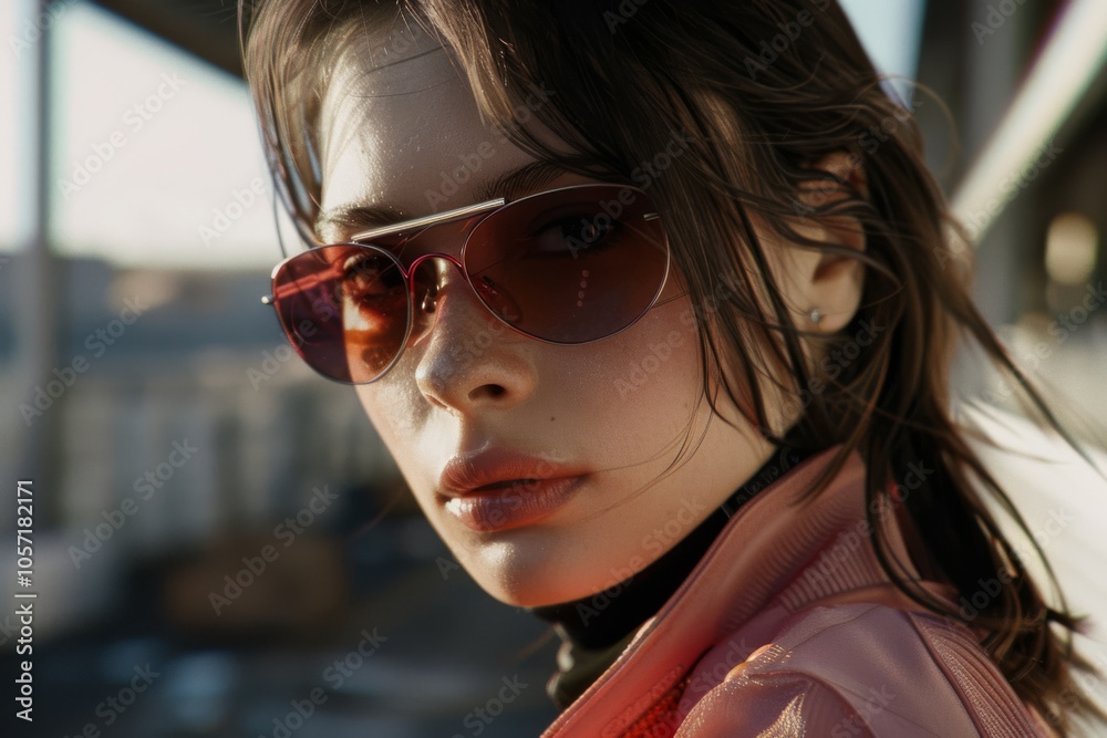 A woman in red-tinted sunglasses exudes modern cool, with a relaxed confidence set against an urban cityscape subtly illuminated by warm sunlight. A woman in red-tinted sunglasses exudes modern cool, with a relaxed confidence set against an urban cityscape subtly illuminated by warm sunlight.