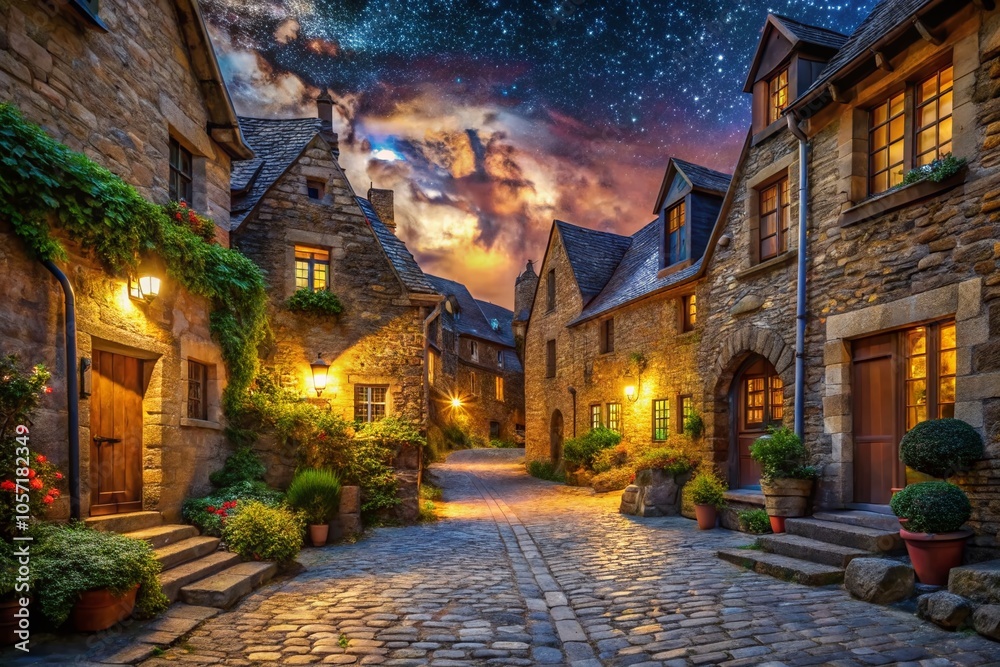 Naklejka premium Stunning Nighttime Panoramic View of a Stone Village with Illuminated Windows for Scenic Stock Photography