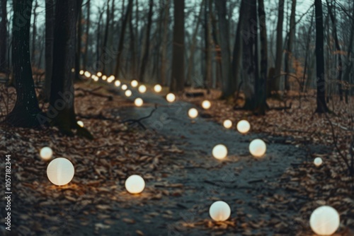 A line of glowing orbs illuminates a forest path, creating a mystical corridor of light amid the trees. photo