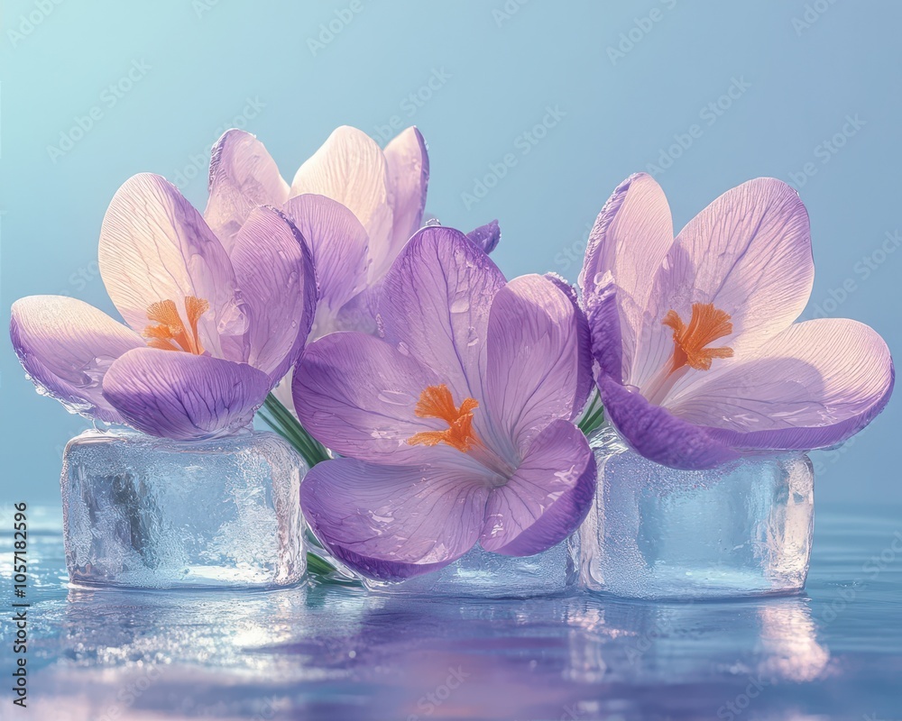 Delicate lilac crocus flowers lying on ice cubes create a feeling of fragility and freshness. The background is light blue, which emphasizes the coldness of the ice and the delicate shades of the peta Delicate lilac crocus flowers lying on ice cubes create a feeling of fragility and freshness. The background is light blue, which emphasizes the coldness of the ice and the delicate shades of the peta