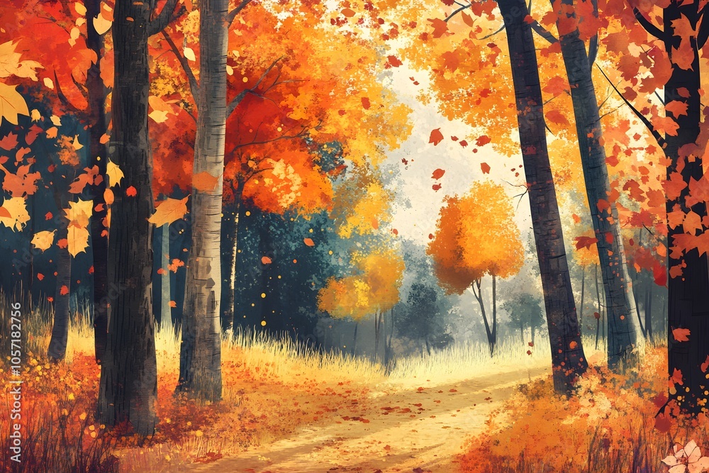 Fototapeta premium A winding path through a colorful autumn forest with tall trees and falling leaves.