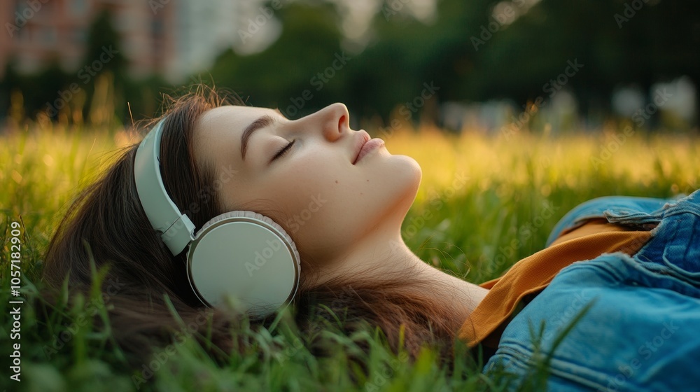A young woman lies back on green grass in a park, eyes closed, enjoying her music through headphones as the warm sunlight bathes her surroundings A young woman lies back on green grass in a park, eyes closed, enjoying her music through headphones as the warm sunlight bathes her surroundings