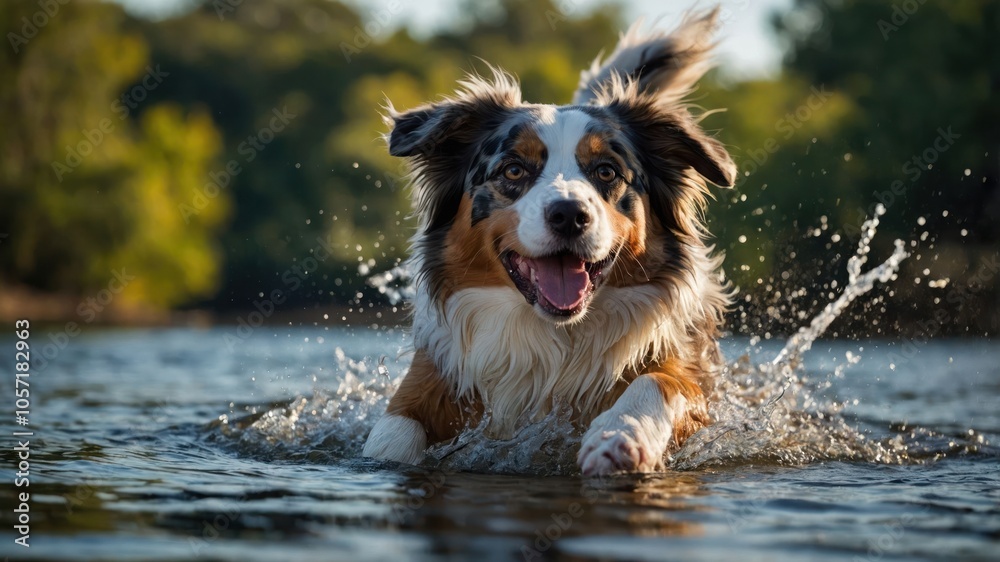 A joyful dog splashes through water, enjoying a playful moment outdoors. A joyful dog splashes through water, enjoying a playful moment outdoors.