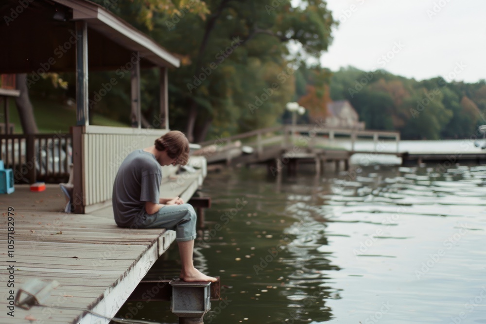 A person sits quietly on a wooden pier over a calm lake, amidst nature's tranquility, seeking solace and peace, with distant lush green blending into the horizon. A person sits quietly on a wooden pier over a calm lake, amidst nature's tranquility, seeking solace and peace, with distant lush green blending into the horizon.